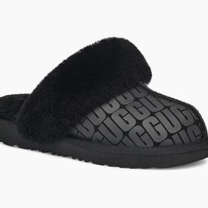 NIB‎ UGG LOGO WOMEN'S SUEDE SHEARLING COZY SLIDE SLIPPERS BLACK